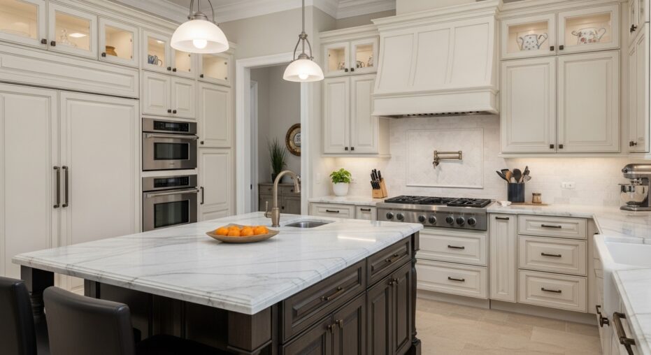 Elegant luxury Naples kitchen featuring custom cabinetry, marble countertops, professional-grade appliances, and high-end finishes.