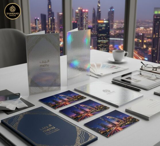 Close-up of premium postcards and menu cards with various finishes (glossy, matte, embossed) displayed on a table in a bright, modern Dubai printing studio, symbolizing high-quality printing for the restuarent and retail sectors.