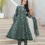 Pleated flared tunic with peacock embroidery and sheer bordered dupatta.